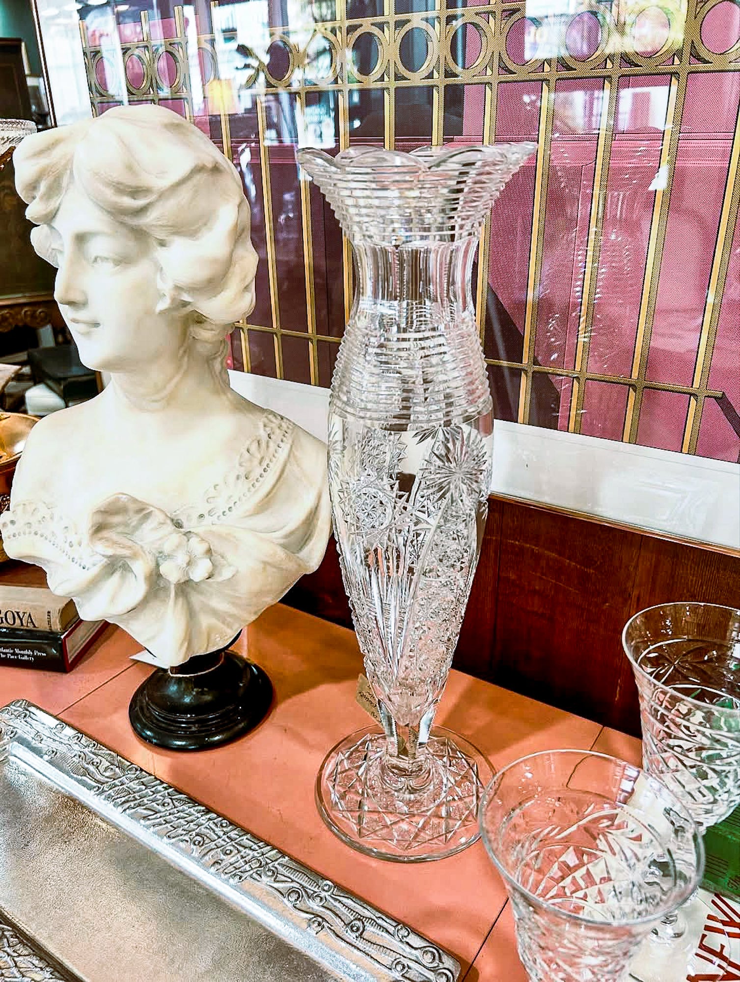 Antique American Brilliant Cut Clear Glass J. Hoare Corning Tall Trumpet Vase