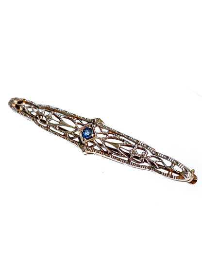 Antique Art Deco 14K Yellow Gold Blue Gemstone Filigree Bar Pin Brooch