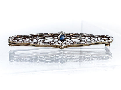 Antique Art Deco 14K Yellow Gold Blue Gemstone Filigree Bar Pin Brooch
