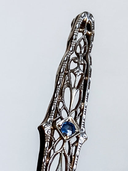 Antique Art Deco 14K Yellow Gold Blue Gemstone Filigree Bar Pin Brooch