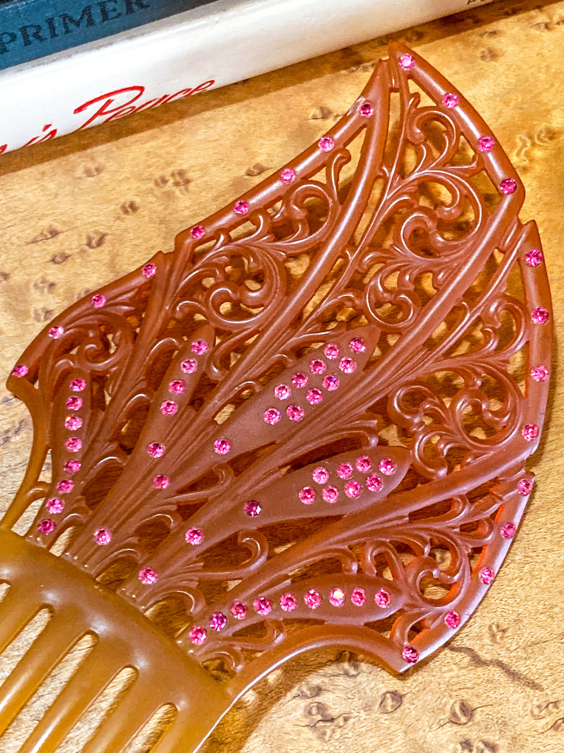 Antique Celluloid Pink Rhinestone Art Deco Hair Comb Accessory