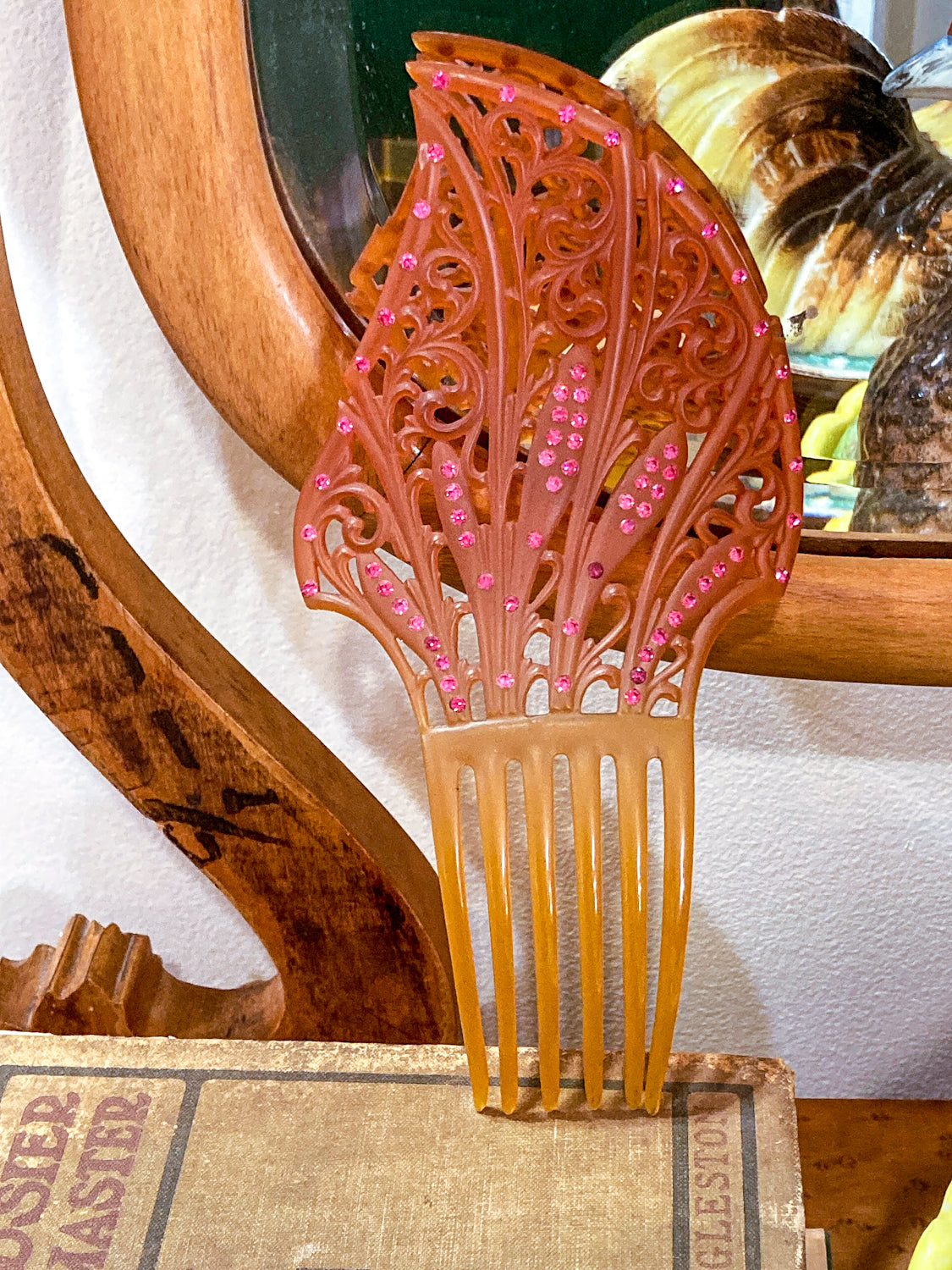 Antique Celluloid Pink Rhinestone Art Deco Hair Comb Accessory