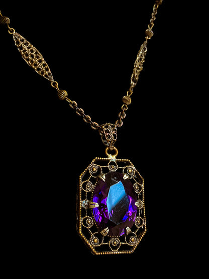 Antique Art Deco Purple Faux Amethyst Filigree Pendant Necklace