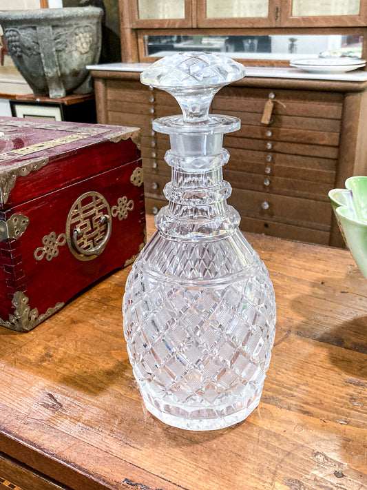 Antique Basketweave Diamond Cut Clear Glass Decanter Barware