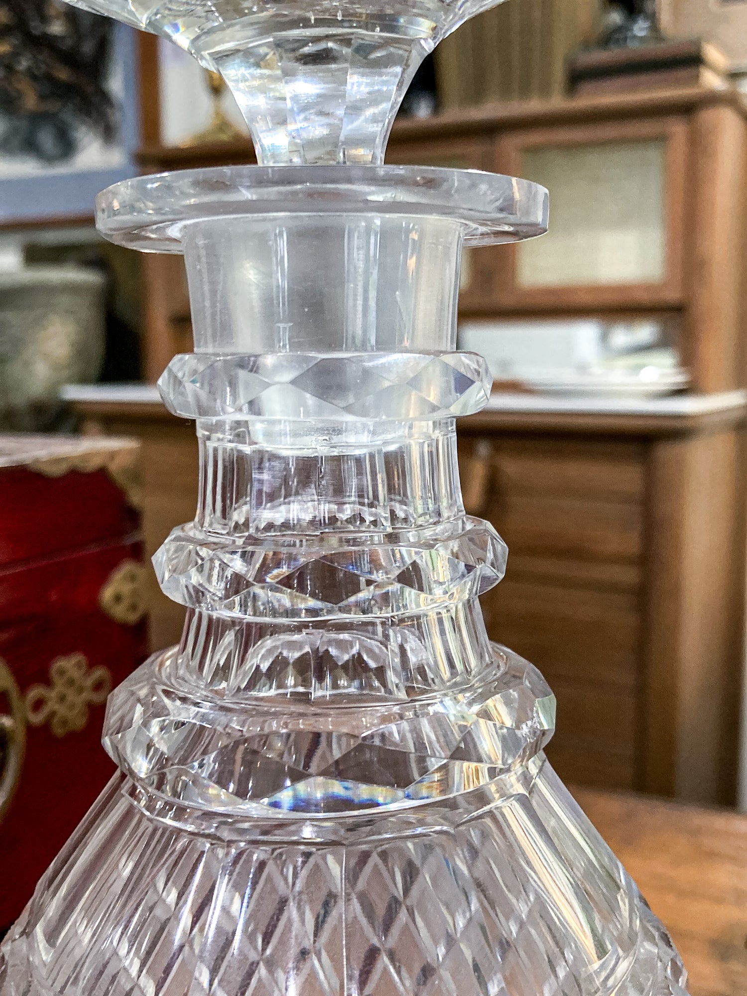 Antique Basketweave Diamond Cut Clear Glass Decanter Barware