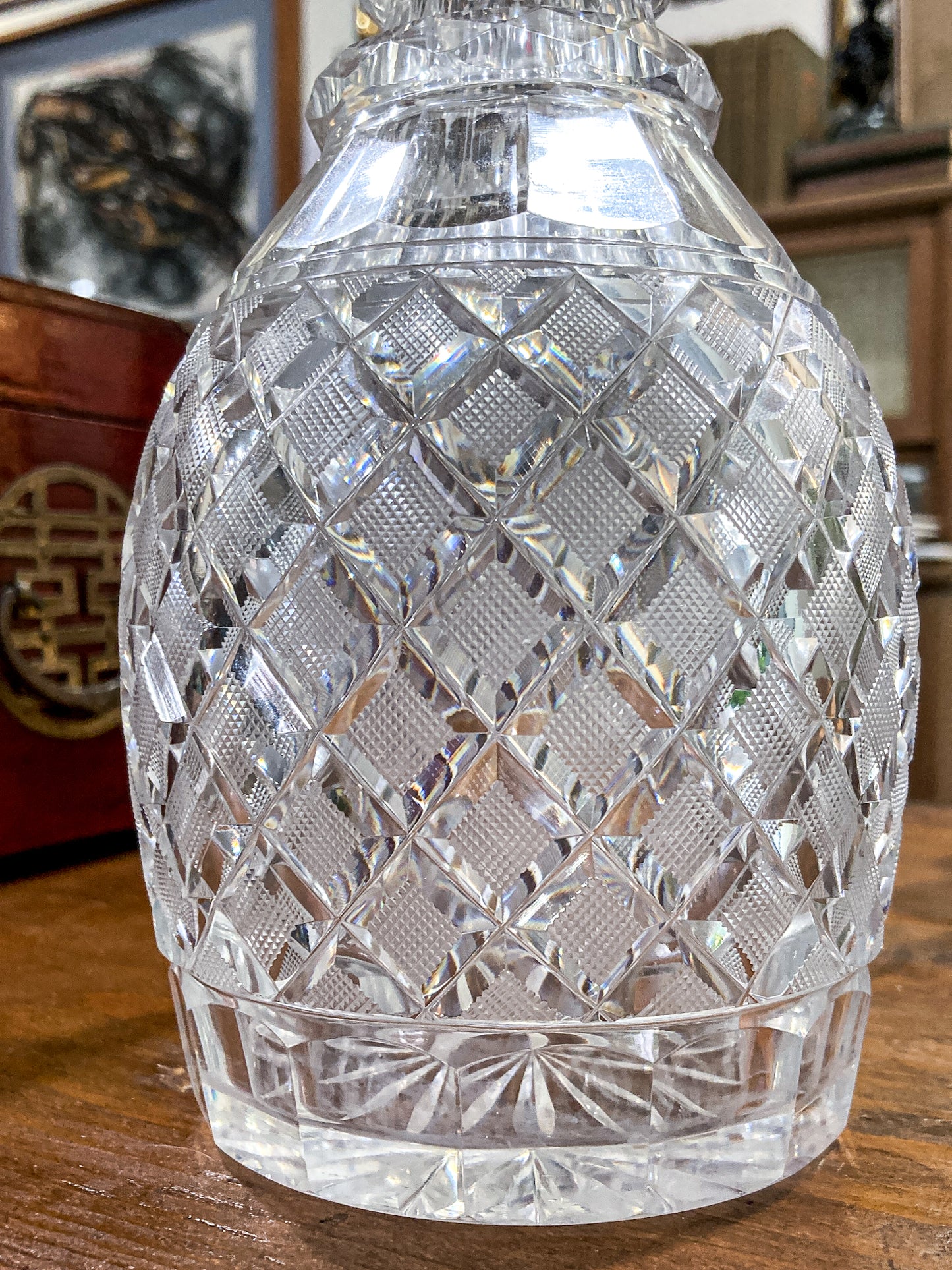 Antique Basketweave Diamond Cut Clear Glass Decanter Barware