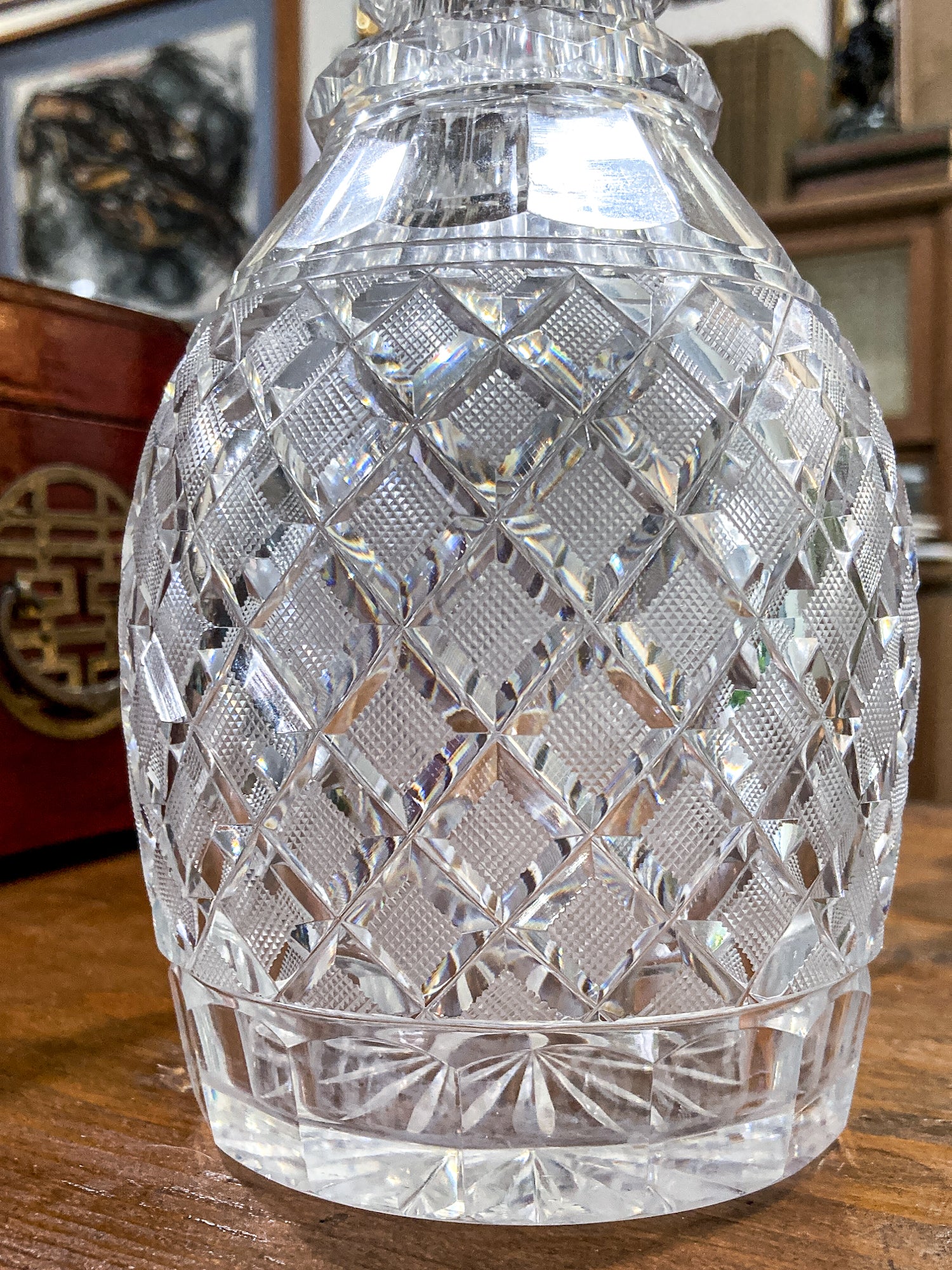 Antique Basketweave Diamond Cut Clear Glass Decanter Barware