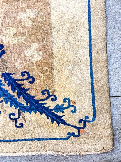 Antique 1910s Tan Blue Bird Art Deco Chinese 8x10ft Woven Wool Rug