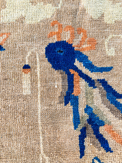 Antique 1910s Tan Blue Bird Art Deco Chinese 8x10ft Woven Wool Rug