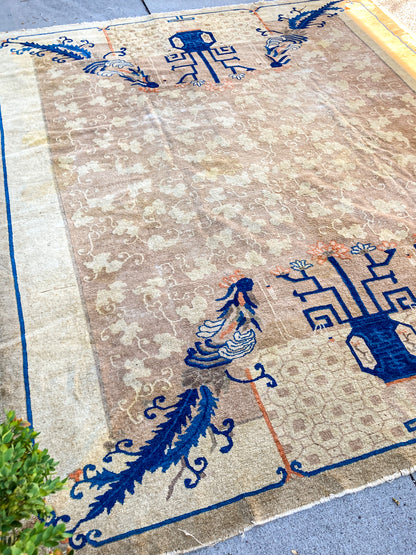 Antique 1910s Tan Blue Bird Art Deco Chinese 8x10ft Woven Wool Rug