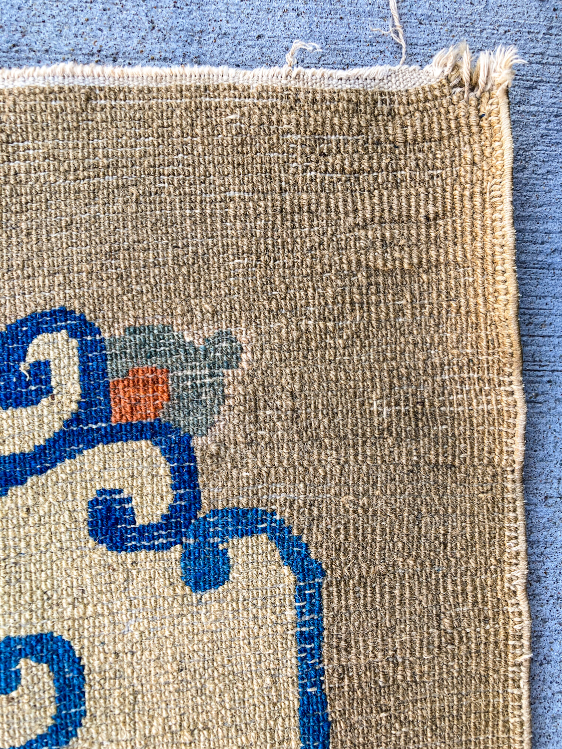 Antique 1910s Tan Blue Bird Art Deco Chinese 8x10ft Woven Wool Rug BAck Side