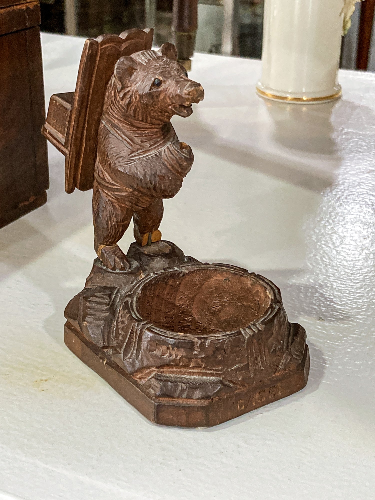 Antique Black Forest Matchbox Holder Ashtray Wooden Carved Bear Figurine