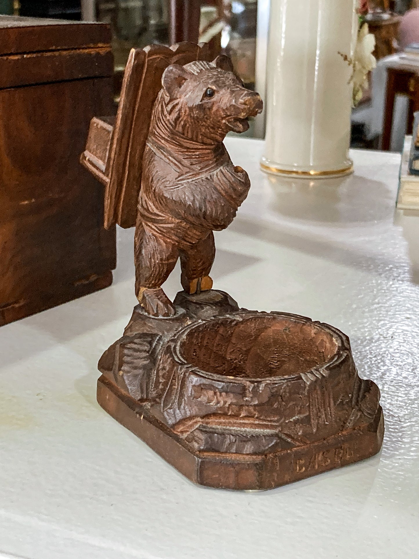 Antique Black Forest Matchbox Holder Ashtray Wooden Carved Bear Figurine
