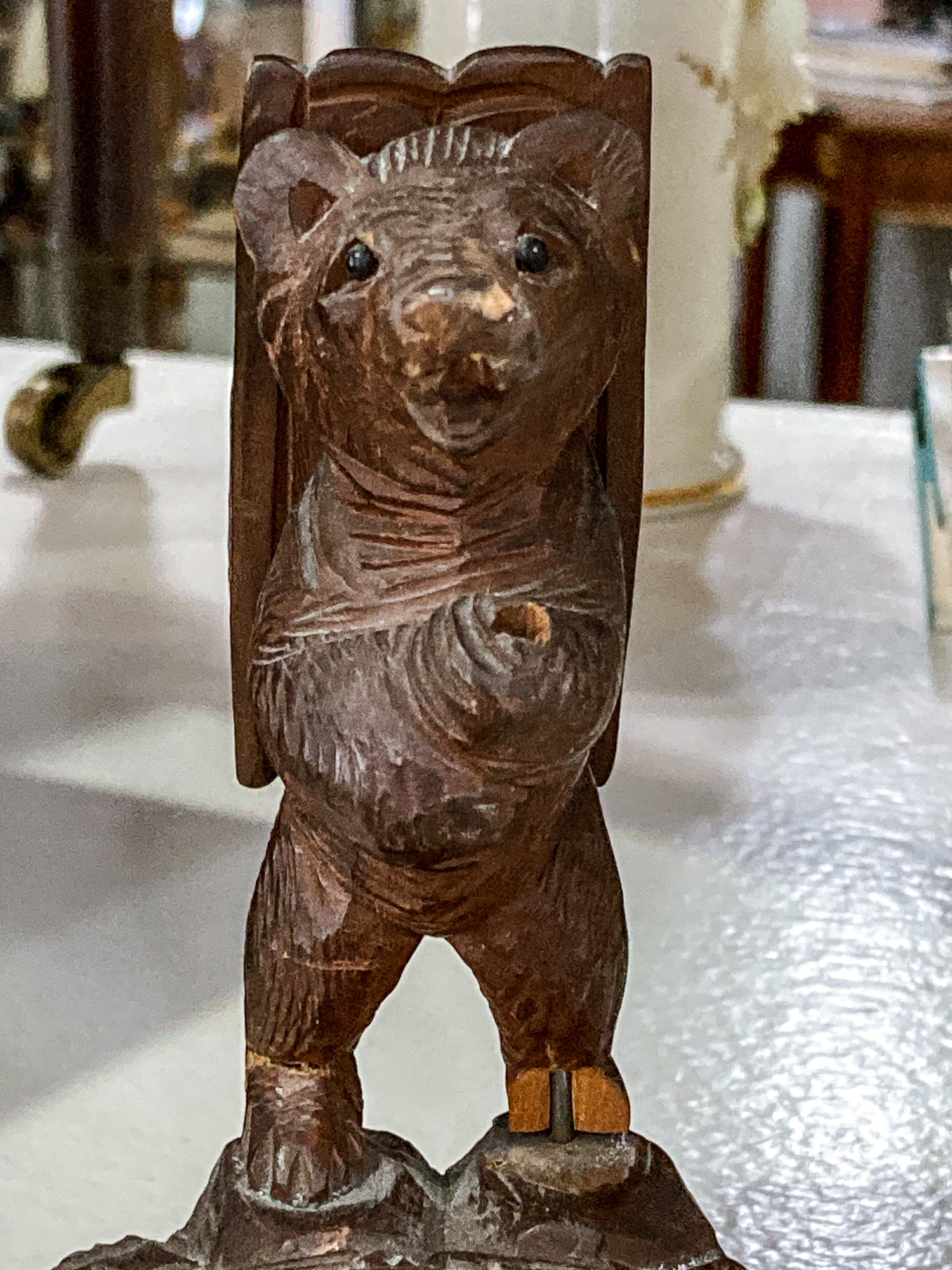 Antique Black Forest Matchbox Holder Ashtray Wooden Carved Bear Figurine