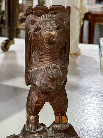 Antique Black Forest Matchbox Holder Ashtray Wooden Carved Bear Figurine