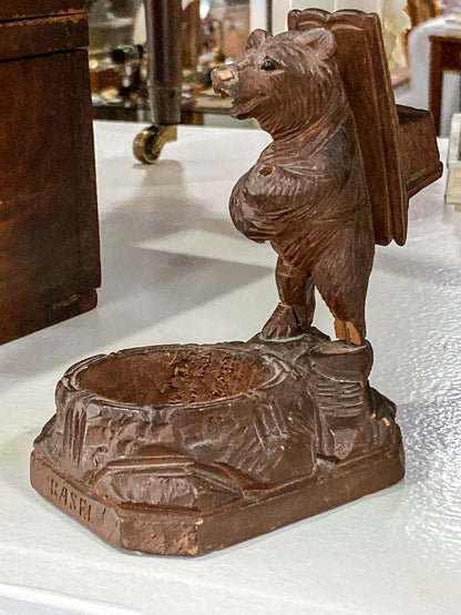 Antique Black Forest Matchbox Holder Ashtray Wooden Carved Bear Figurine