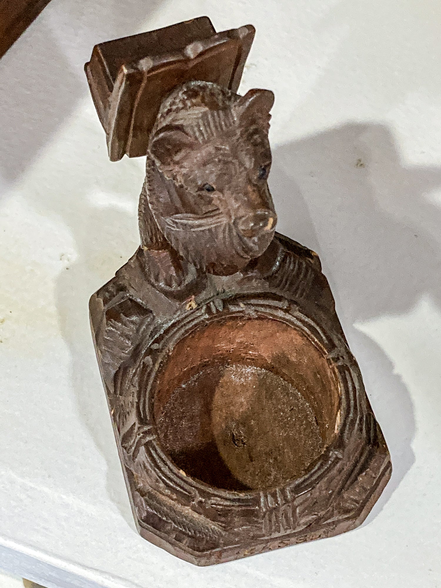 Antique Black Forest Matchbox Holder Ashtray Wooden Carved Bear Figurine