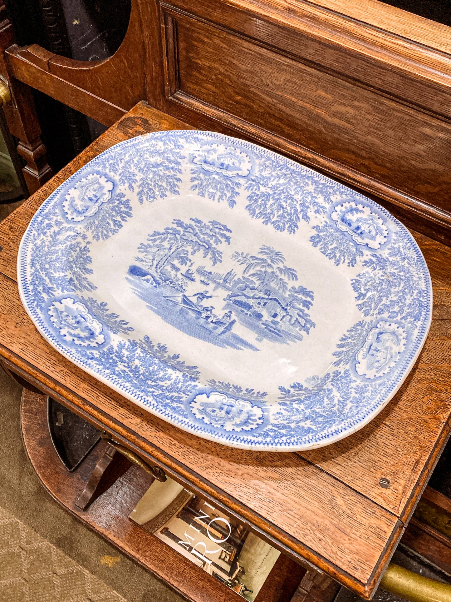 Antique Blue & White English Transferware Albion Porcelain Serving Platter Tray