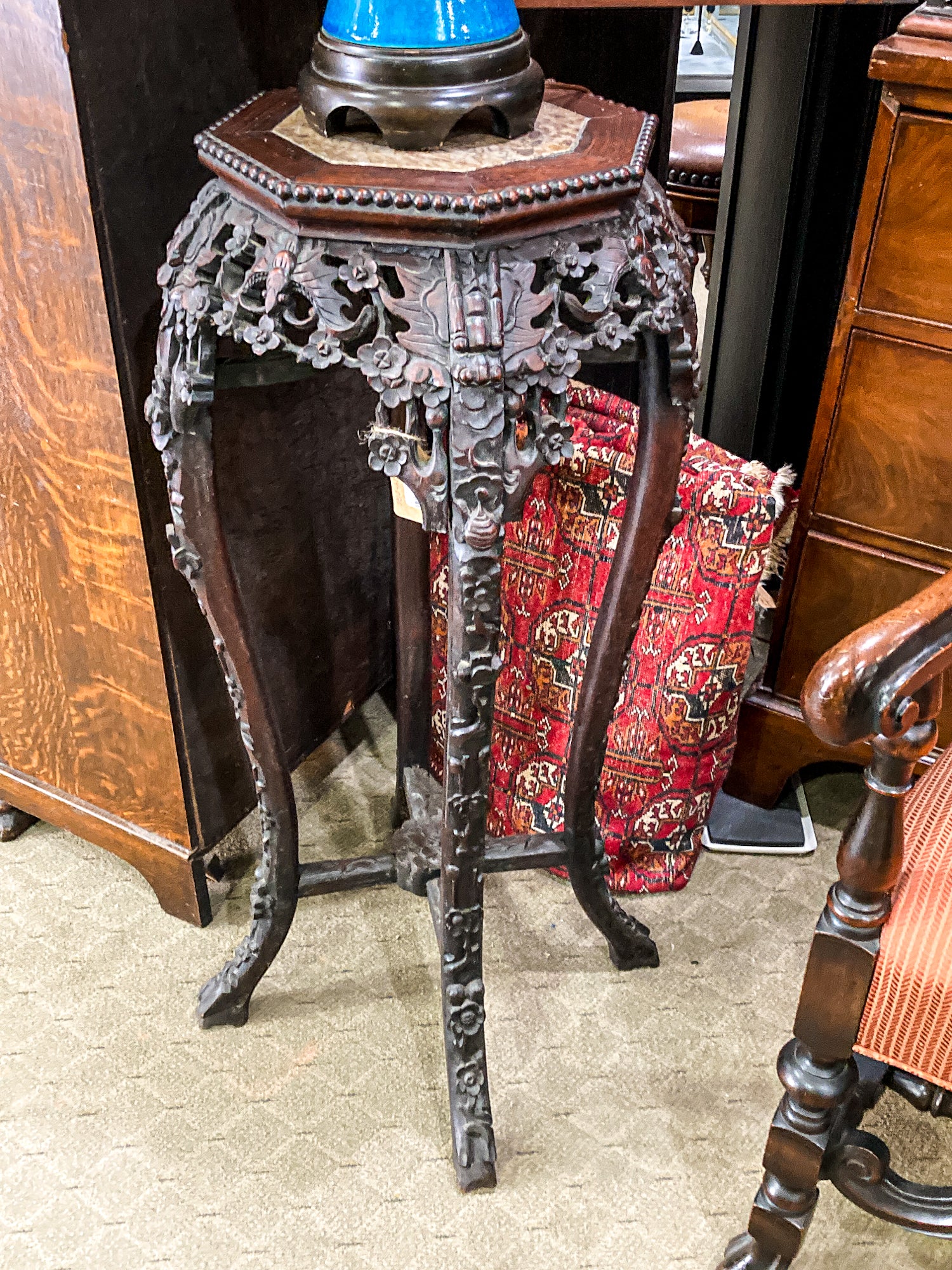 Antique Carved Chinese Octagonal Marble Top Rosewood Plant Stand Table