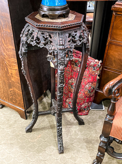 Antique Carved Chinese Octagonal Marble Top Rosewood Plant Stand Table
