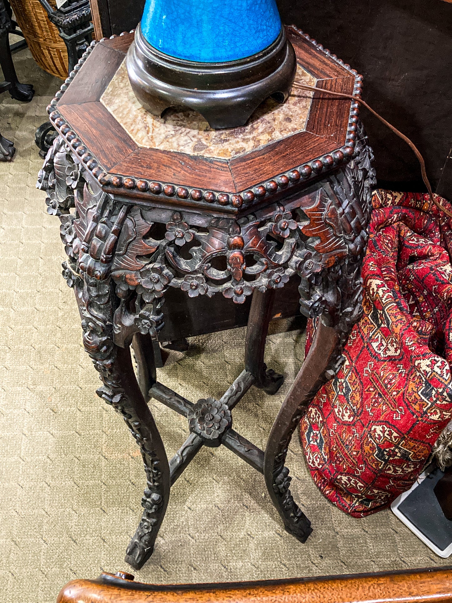 Antique Carved Chinese Octagonal Marble Top Rosewood Plant Stand Table