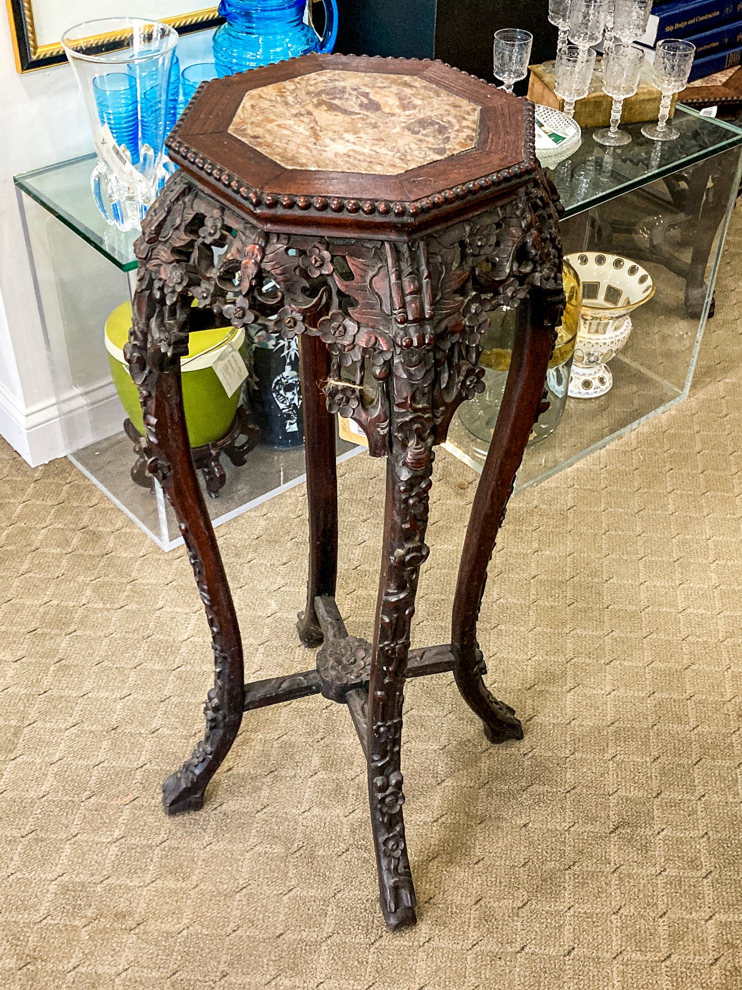 Antique Carved Chinese Octagonal Marble Top Rosewood Plant Stand Table