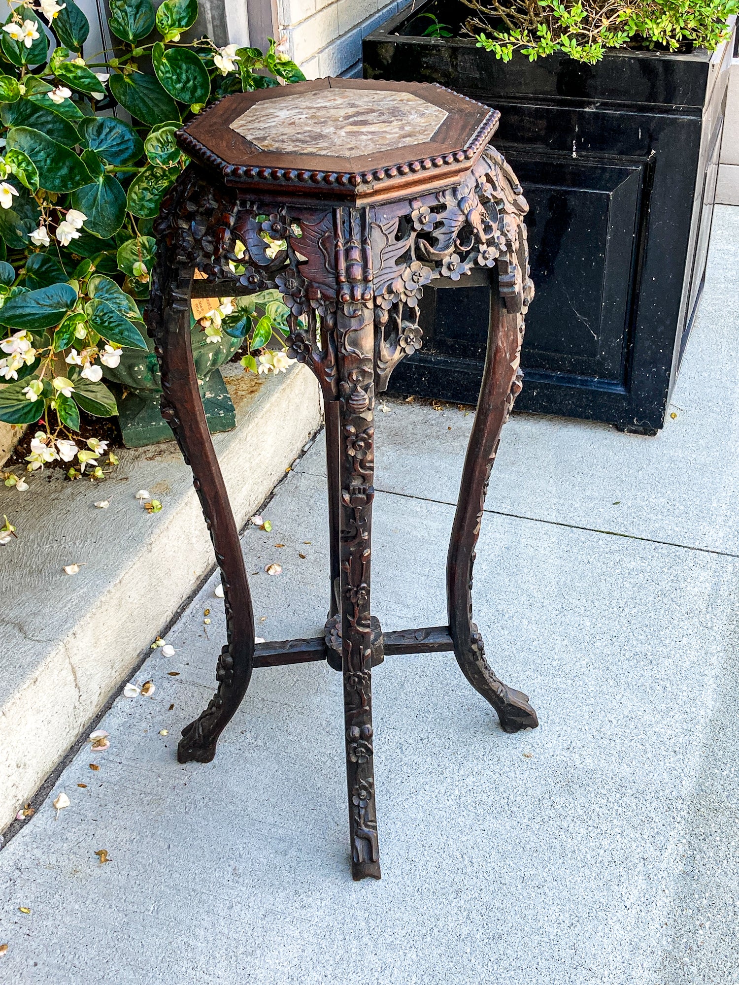 Antique Carved Chinese Octagonal Marble Top Rosewood Plant Stand Table