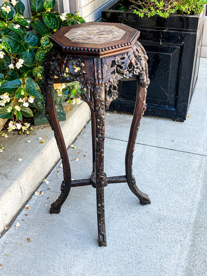 Antique Carved Chinese Octagonal Marble Top Rosewood Plant Stand Table