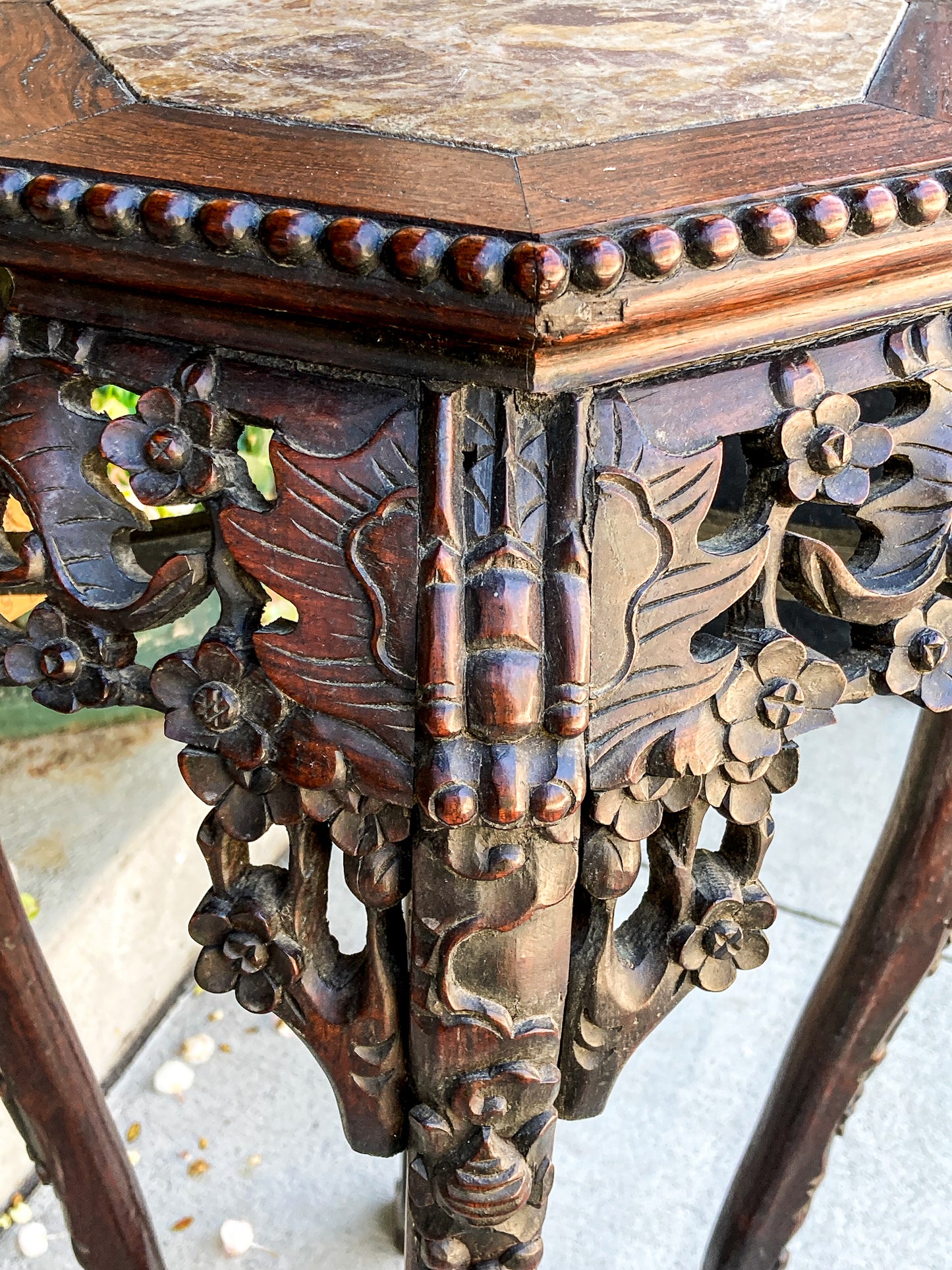 Antique Carved Chinese Octagonal Marble Top Rosewood Plant Stand Table