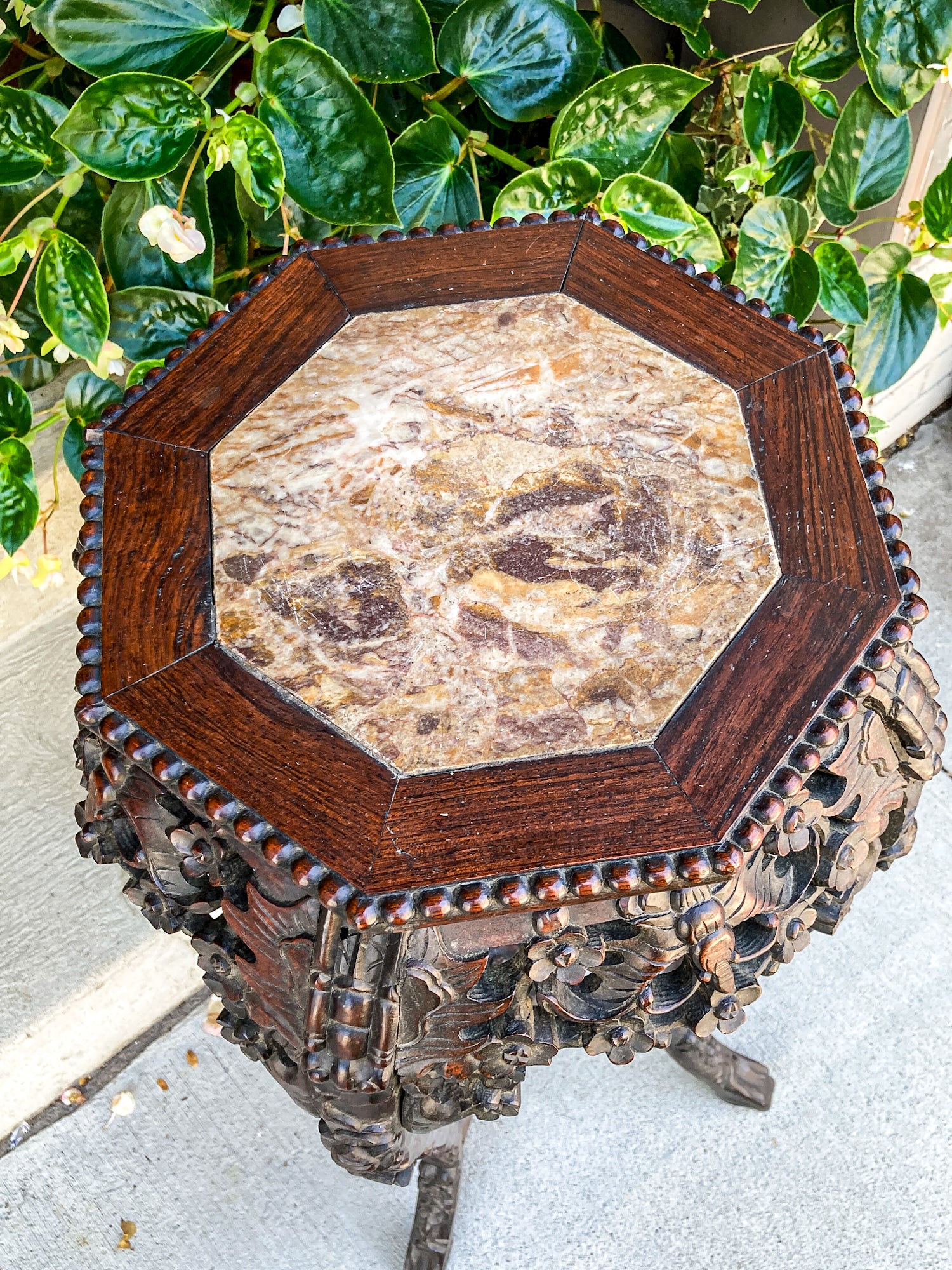 Antique Carved Chinese Octagonal Marble Top Rosewood Plant Stand Table