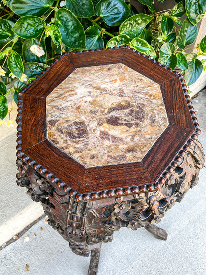 Antique Carved Chinese Octagonal Marble Top Rosewood Plant Stand Table