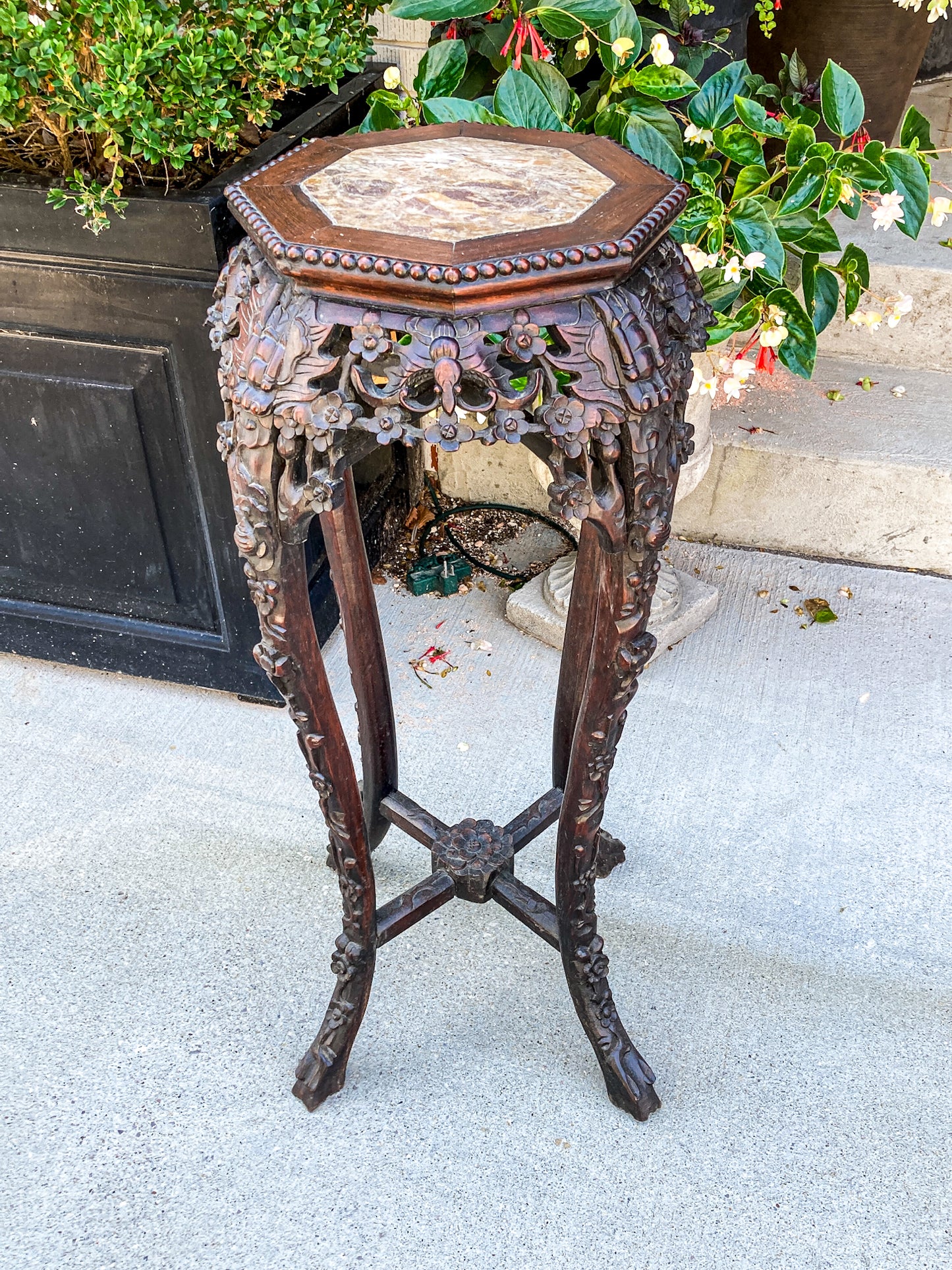 Antique Carved Chinese Octagonal Marble Top Rosewood Plant Stand Table