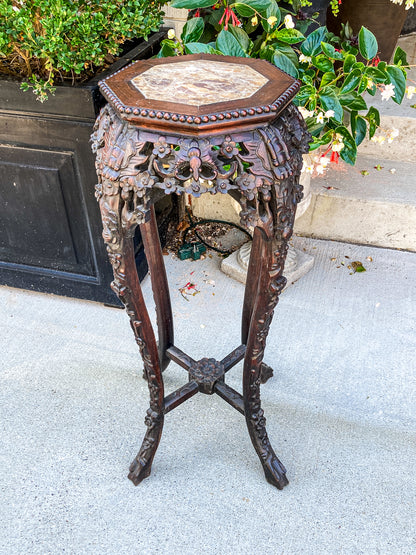 Antique Carved Chinese Octagonal Marble Top Rosewood Plant Stand Table