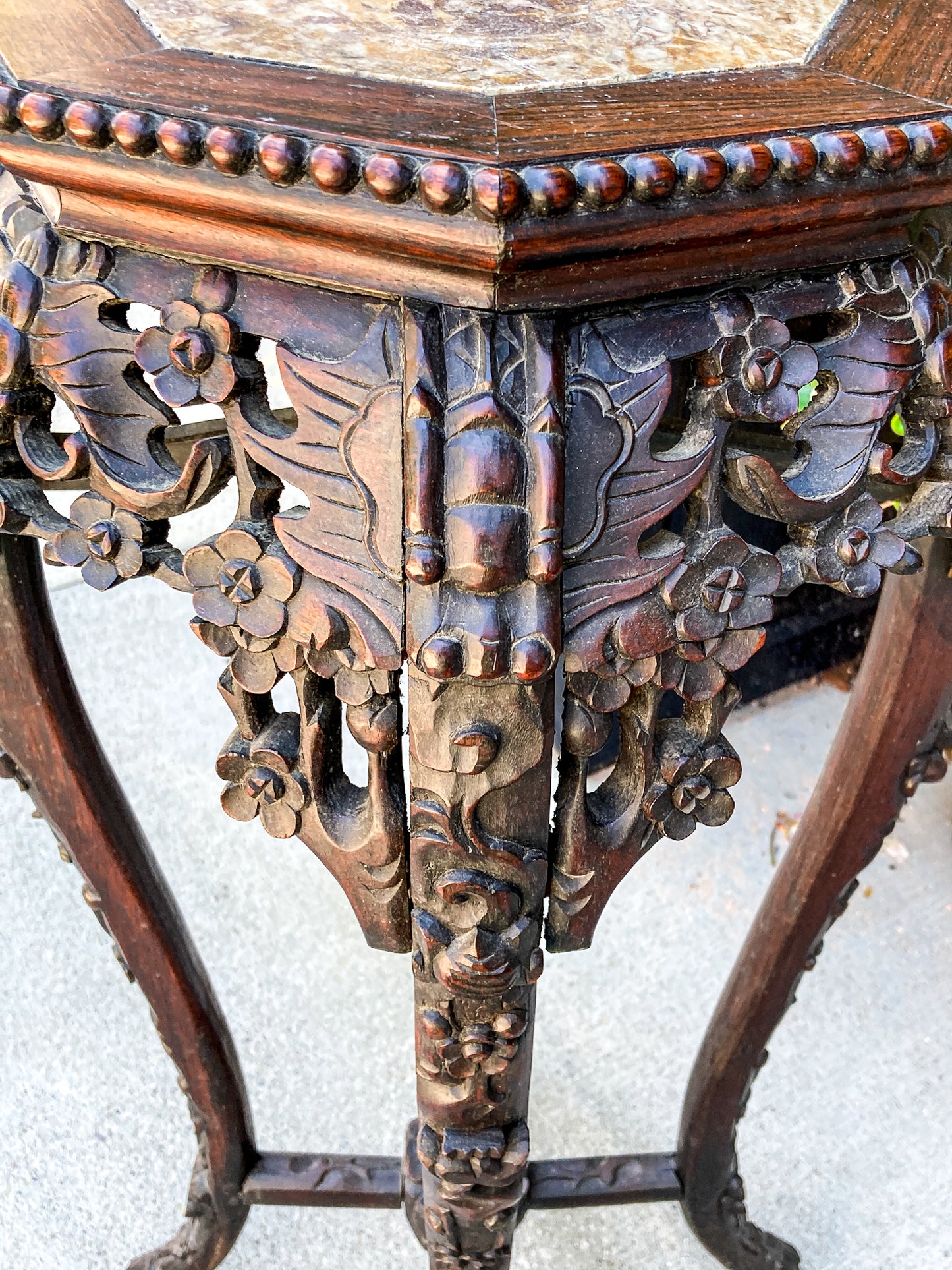 Antique Carved Chinese Octagonal Marble Top Rosewood Plant Stand Table