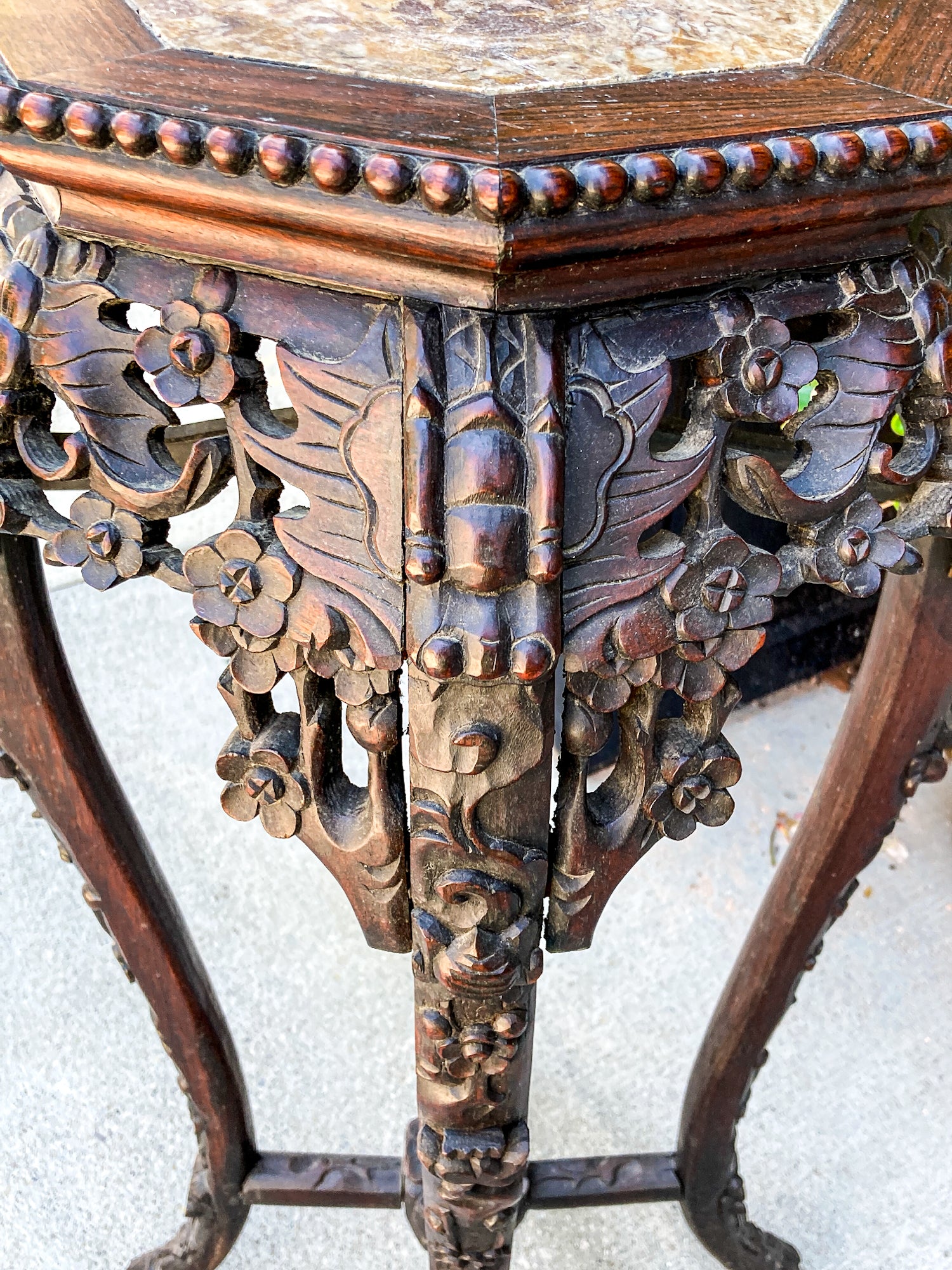 Antique Carved Chinese Octagonal Marble Top Rosewood Plant Stand Table