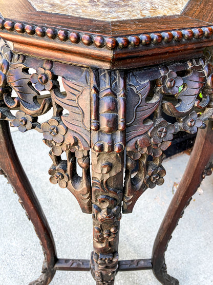 Antique Carved Chinese Octagonal Marble Top Rosewood Plant Stand Table