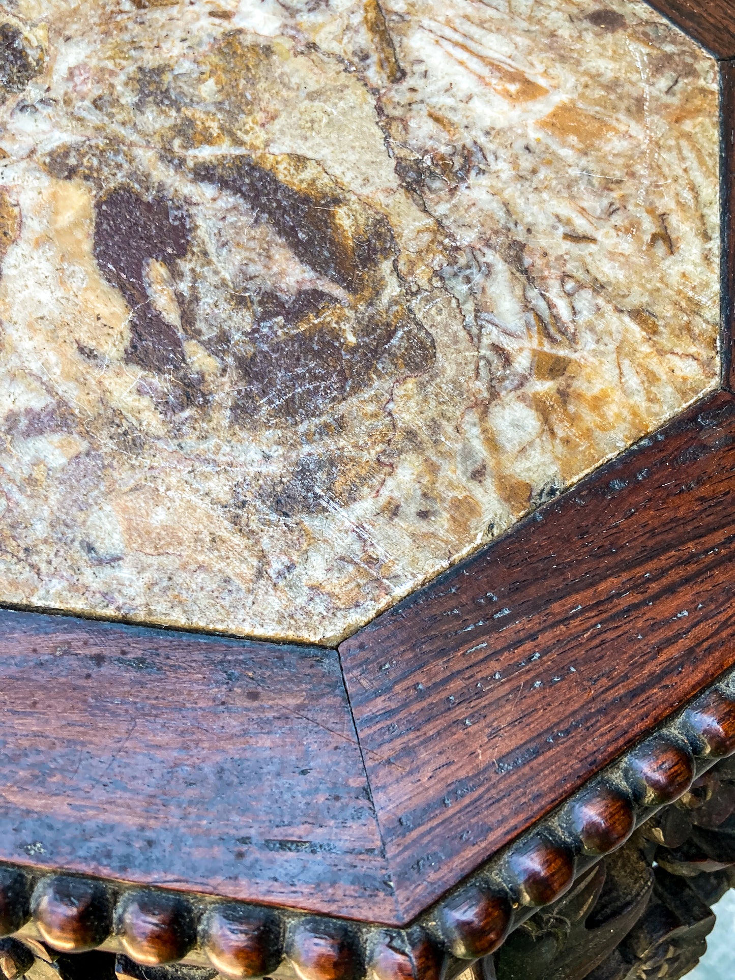 Antique Carved Chinese Octagonal Marble Top Rosewood Plant Stand Table