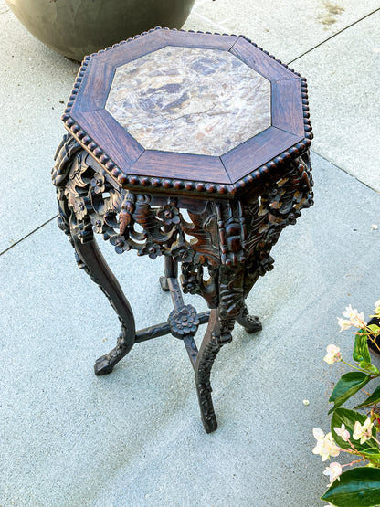 Antique Carved Chinese Octagonal Marble Top Rosewood Plant Stand Table