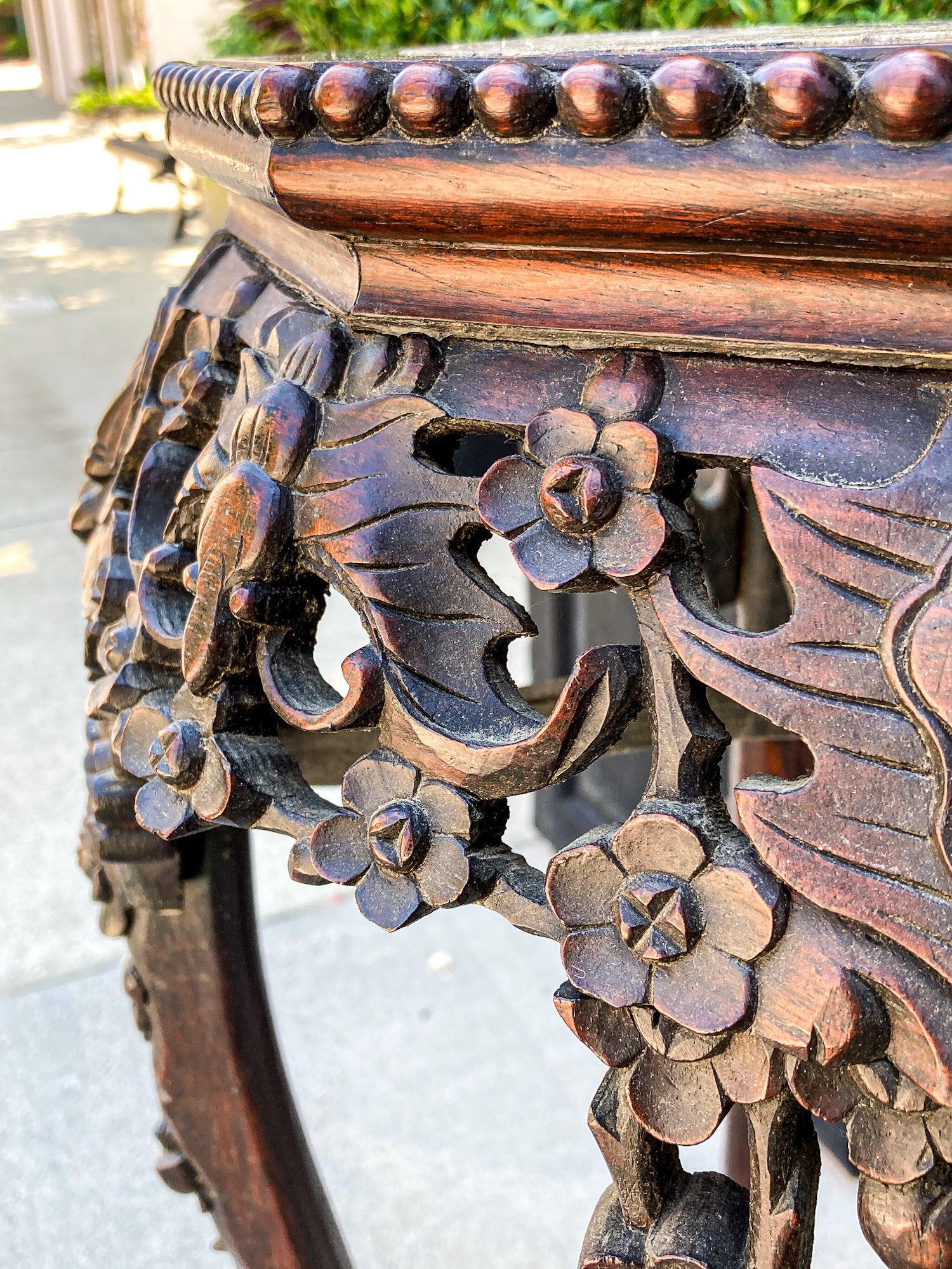 Antique Carved Chinese Octagonal Marble Top Rosewood Plant Stand Table