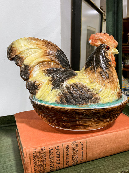 Antique Challinor Taylor Late 19th Century Milk Glass Rooster Nesting Lidded Jar