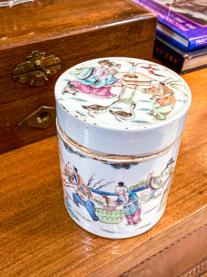 Antique Chinese Porcelain Hand Painted Cylindrical Porcelain Lidded Jar