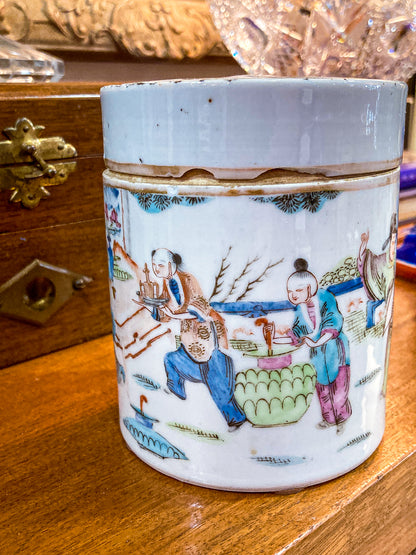 Antique Chinese Porcelain Hand Painted Cylindrical Porcelain Lidded Jar