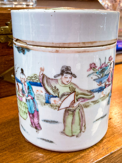 Antique Chinese Porcelain Hand Painted Cylindrical Porcelain Lidded Jar