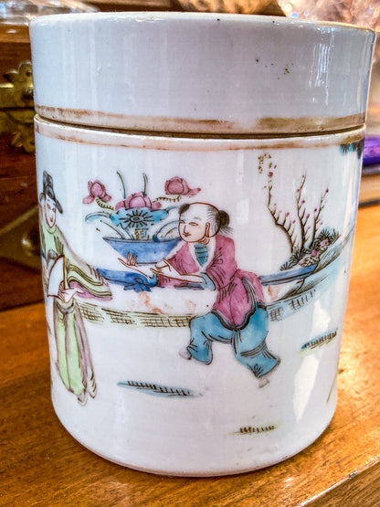 Antique Chinese Porcelain Hand Painted Cylindrical Porcelain Lidded Jar