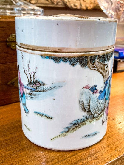 Antique Chinese Porcelain Hand Painted Cylindrical Porcelain Lidded Jar