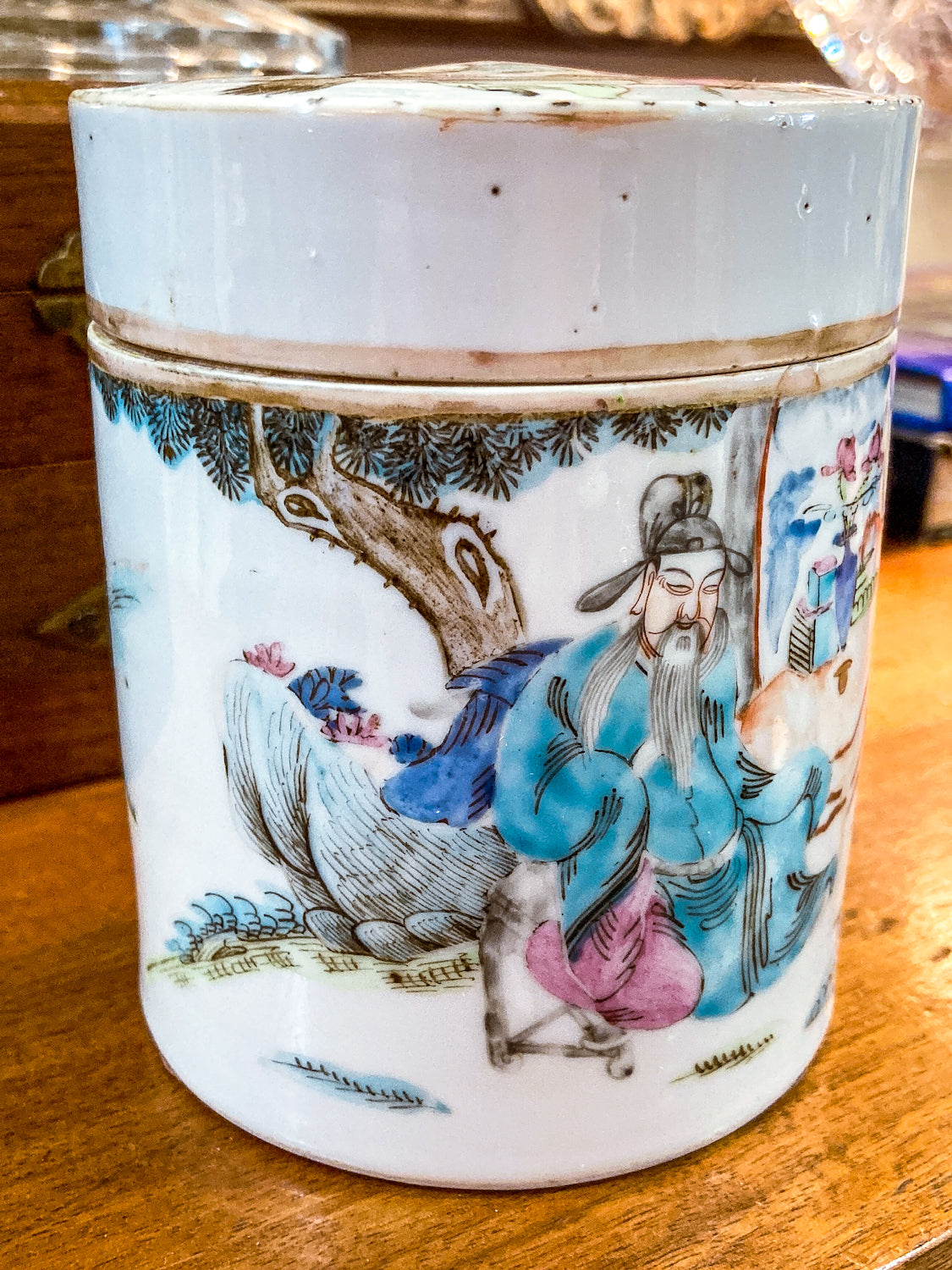 Antique Chinese Porcelain Hand Painted Cylindrical Porcelain Lidded Jar