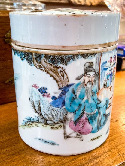 Antique Chinese Porcelain Hand Painted Cylindrical Porcelain Lidded Jar