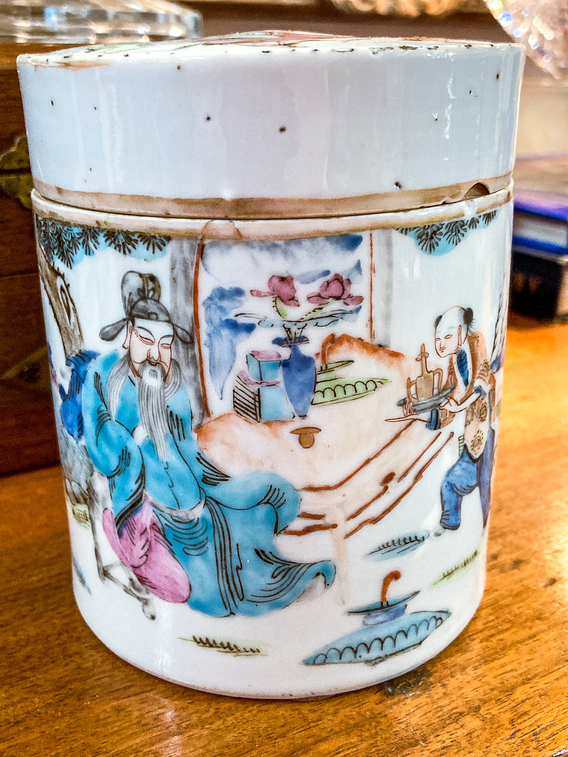 Antique Chinese Porcelain Hand Painted Cylindrical Porcelain Lidded Jar