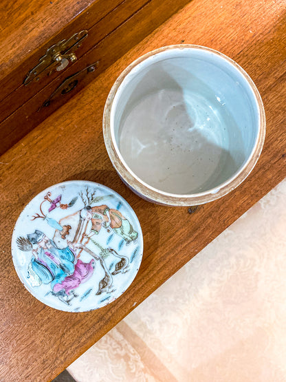 Antique Chinese Porcelain Hand Painted Cylindrical Porcelain Lidded Jar