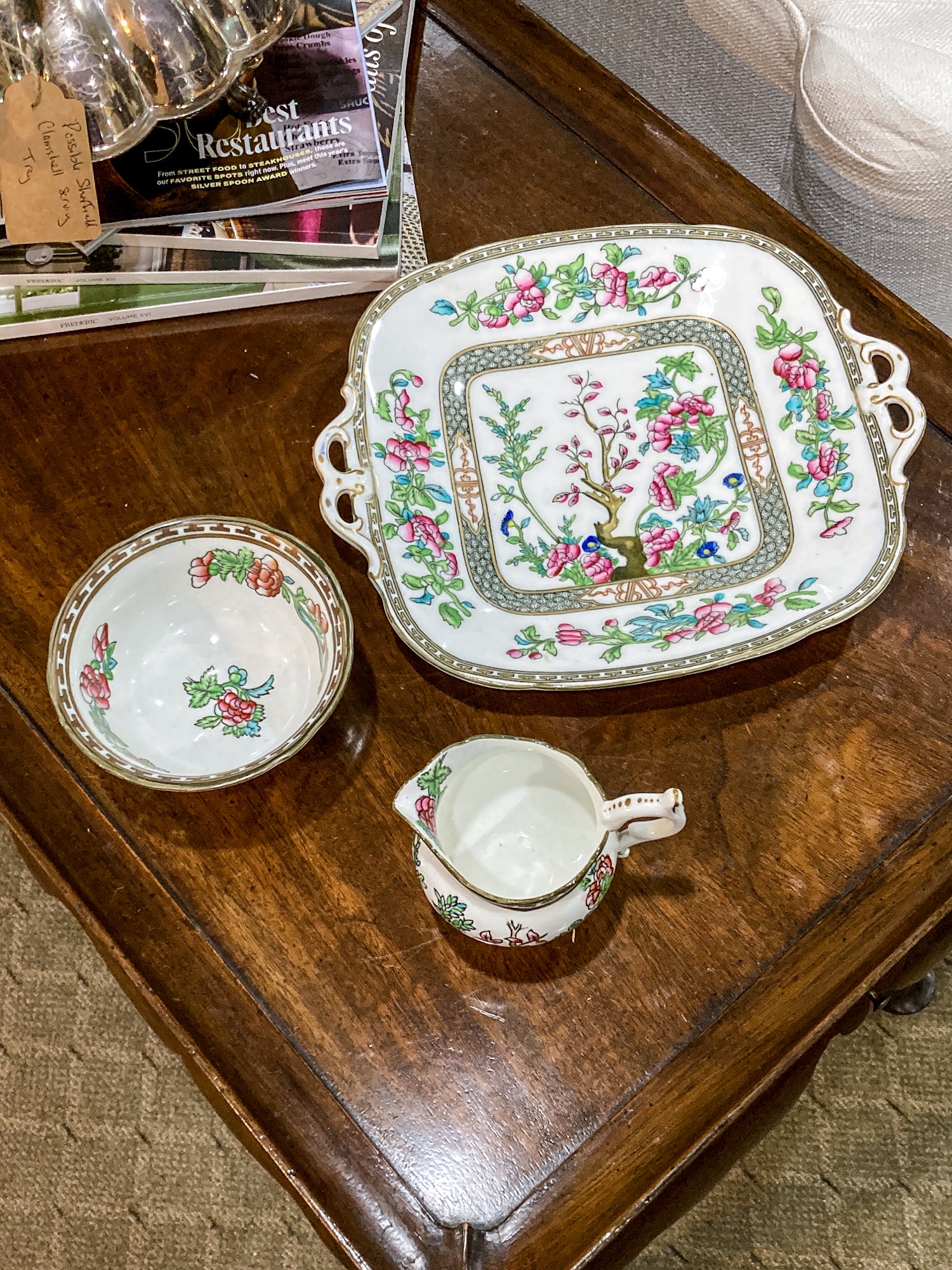 Antique Coalport Indian Tree Three Piece Cream Sugar Serving Tray Porcelain Set